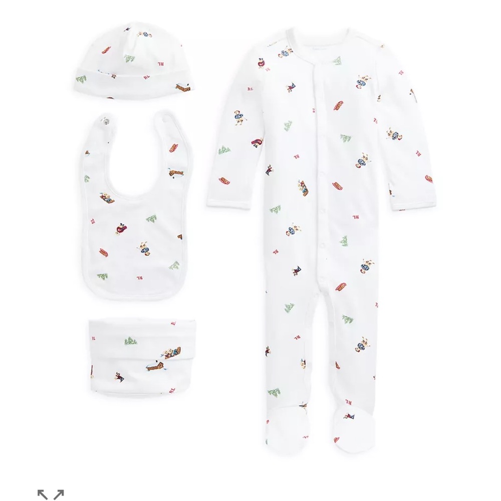 Ralph Lauren NWOT 6 month Snow Polo Bear Footie, Hat, Bib & Bag Gift Set - Baby